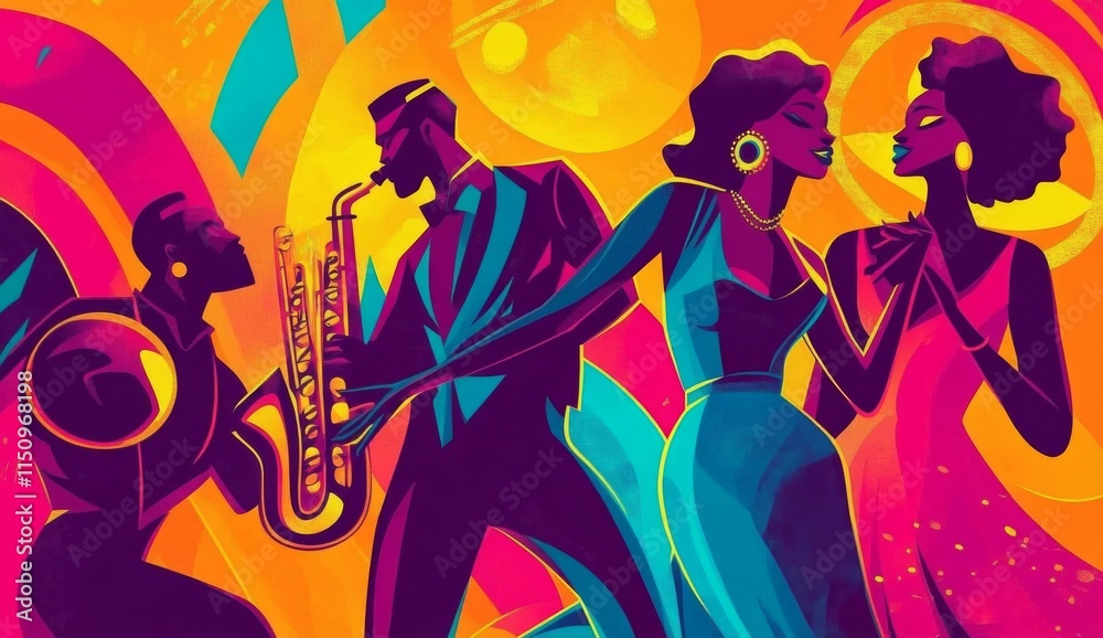 Vibrant Depiction of Swinging Dancers and Saxophonist