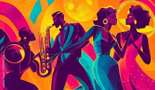 Obraz na płótnie Vibrant Depiction of Swinging Dancers and Saxophonist w salonie