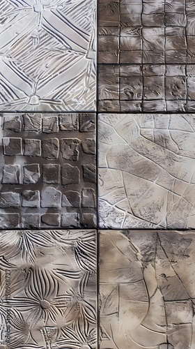 A variety of stamped concrete surfaces showcasing diverse patterns and textures, highlighting the versatility of decorative concrete.