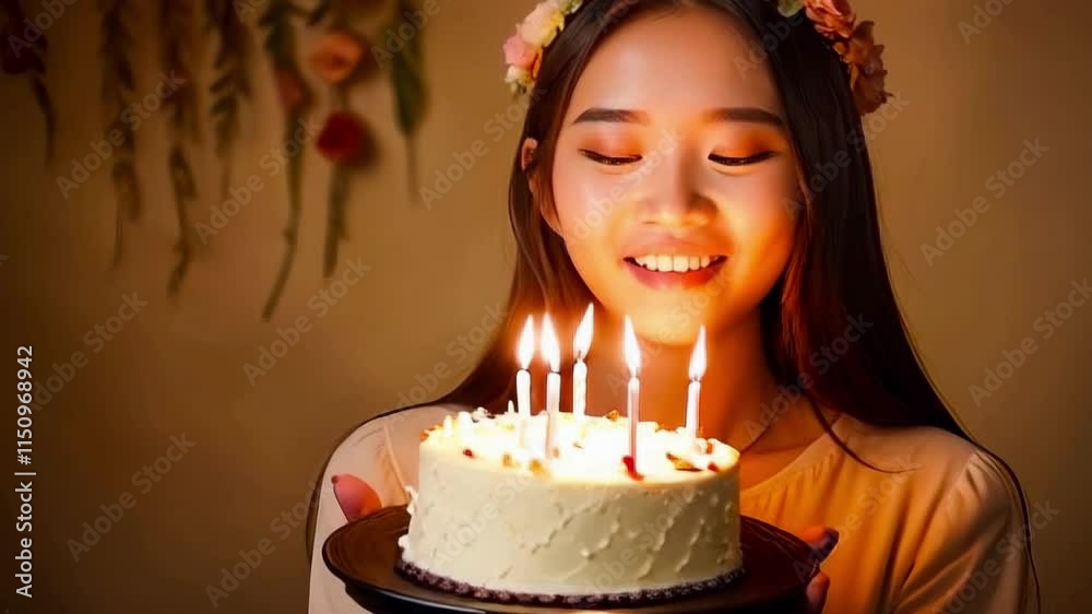 Beautiful young woman celebrating birthday with cake and candles Beautiful young woman celebrating birthday with cake and candles