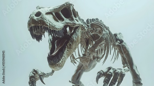 A skeleton of a Tyrannosaurus rex with arms extended, emphasizing its massive skull and muscular legs, set on a white background photo