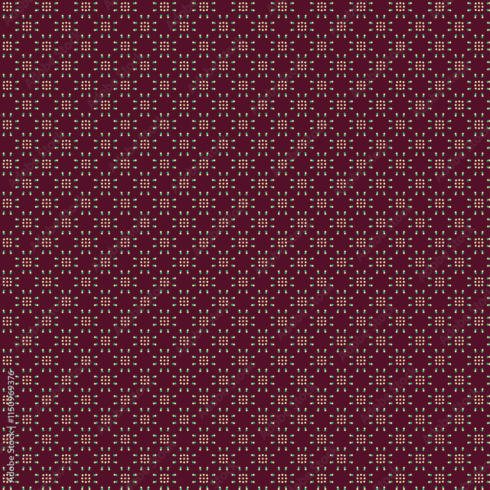 Dark red burgundy background of yellow cream peach green polka dots Primitive abstract geometric fabric pattern Dark red burgundy background of yellow cream peach green polka dots Primitive abstract geometric fabric pattern