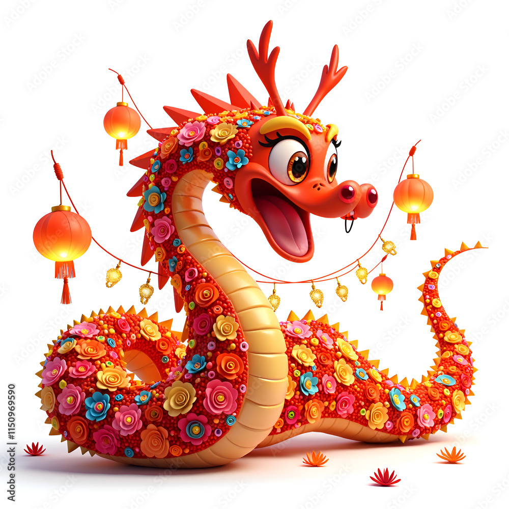 Obraz premium A festive floral dragon bringing cheer and color to celebrations with lanterns and flowers, 3d rendering of character design concept.