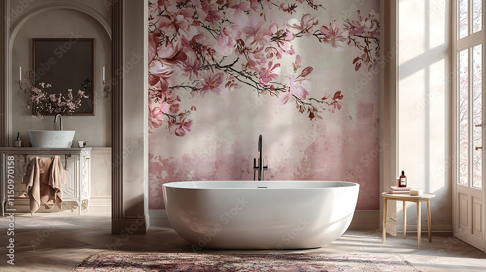 Textured wallpaper in pastel hues with floral motifs, adorning a luxury bathroom wall Textured wallpaper in pastel hues with floral motifs, adorning a luxury bathroom wall