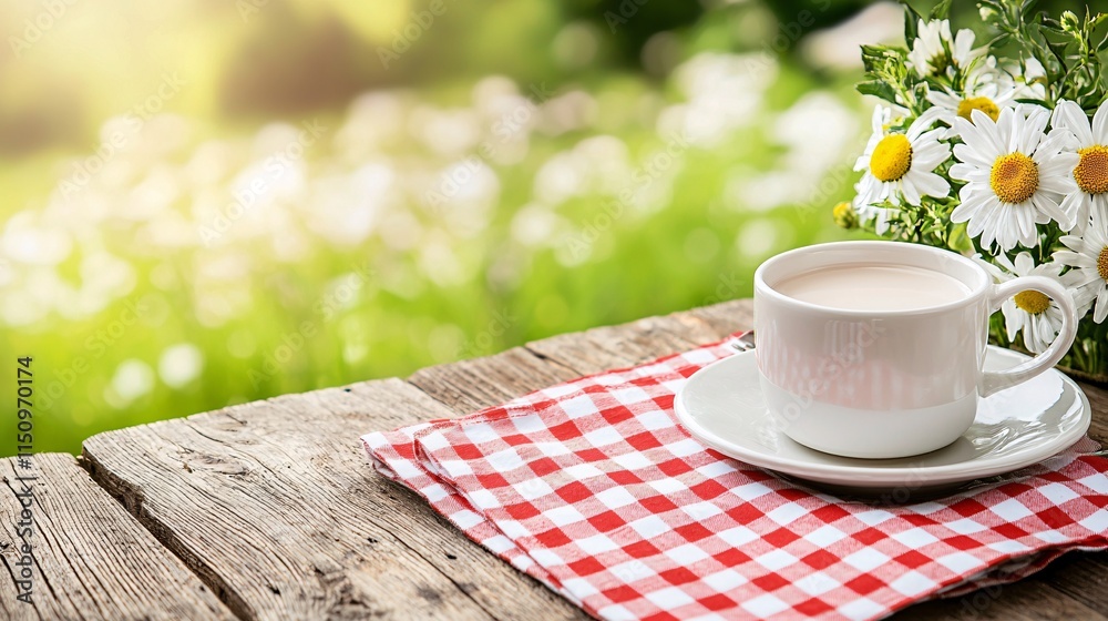 Table top gingham concept. A cozy cup of tea on a checkered napkin beside fresh daisies in a sunlit garden setting. Table top gingham concept. A cozy cup of tea on a checkered napkin beside fresh daisies in a sunlit garden setting.
