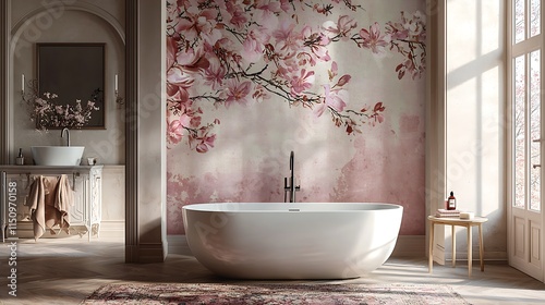 Textured wallpaper in pastel hues with floral motifs, adorning a luxury bathroom wall