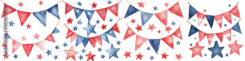 Presidents day element, Colorful patriotic bunting and stars in red, white, and blue hues, isolated on transparent background.