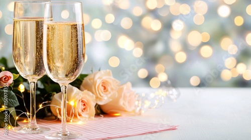 Table top gingham concept. Two champagne flutes filled with bubbly, surrounded by roses and soft bokeh lights, creating a romantic atmosphere for celebrations. photo