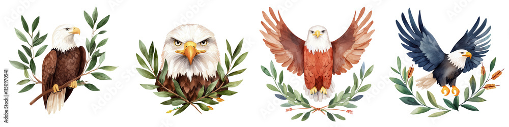 Obraz premium Presidents day element, Eagles depicted with olive branches and arrows, symbolizing peace, isolated on transparent background.