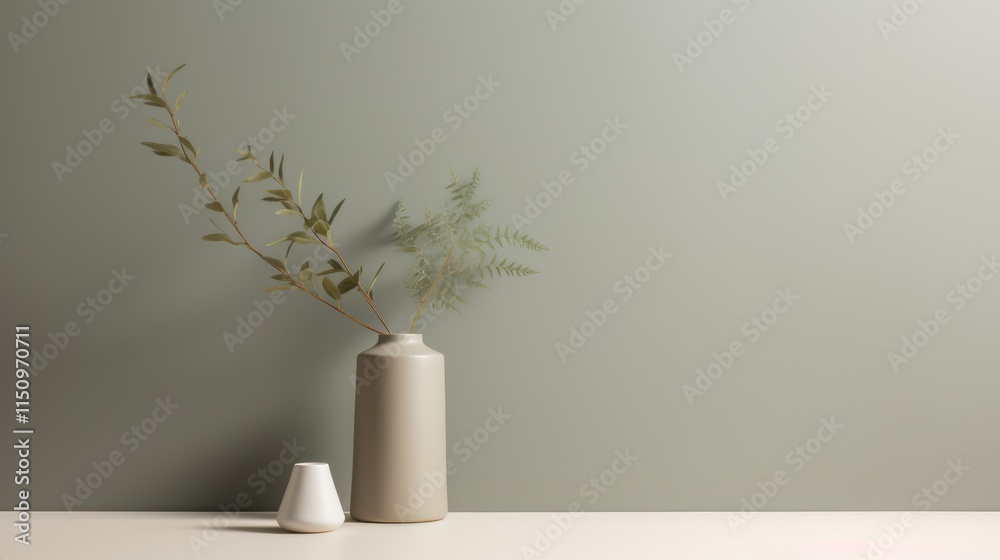 Fototapeta premium Greenery and Minimalist Vases Against a Sage Green Wall