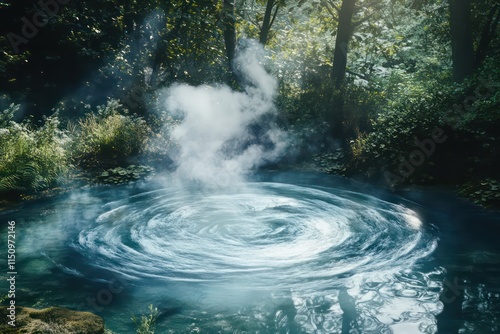 A metaphorical design where the lungs of planet Earth are represented by a crystal-clear pond in a pristine forest, with swirling mist adding a magical touch.