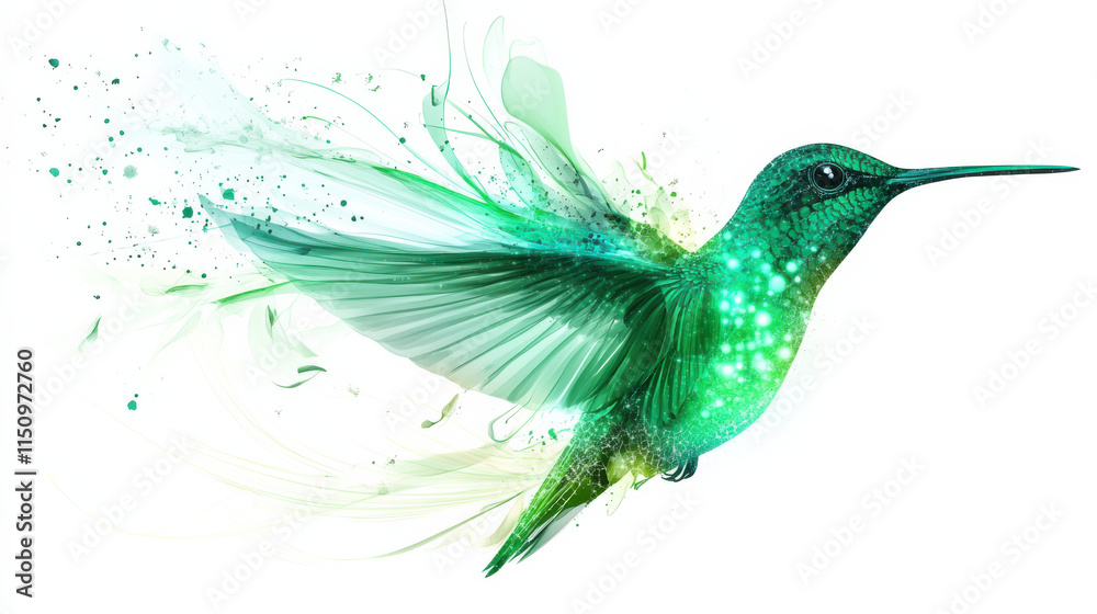 Fototapeta premium A luminous emerald green hummingbird with radiant neon accents and clean, intricate details, floating with dynamic energy