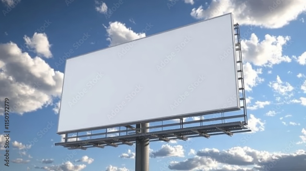large blank billboard mounted on metal supports, standing against a backdrop of a blue sky with scattered white clouds. large blank billboard mounted on metal supports, standing against a backdrop of a blue sky with scattered white clouds.