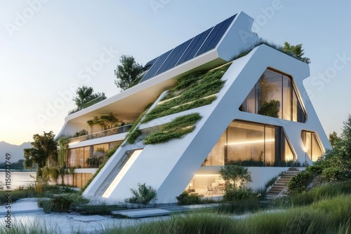 A pristine white building designed with sustainable features like solar panels and green roofs, surrounded by pure nature, representing the future of environmentally friendly construction.
