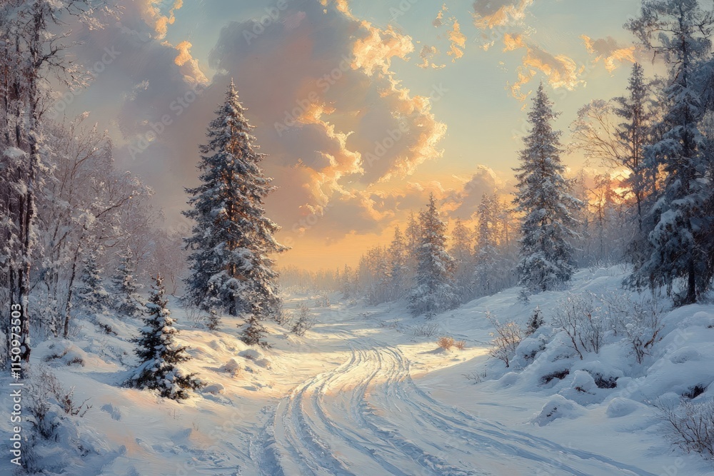 Snow-covered path, winter forest, sunset sky. Snow-covered path, winter forest, sunset sky.