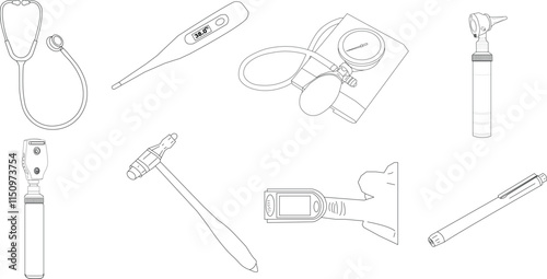 A sketch of the doctor's equipment to perform general diagnosis: stethoscope, thermometer, sphygmomanometer, otoscope, ophthalmoscope, reflex hammer, pulse oximeter, penlight.