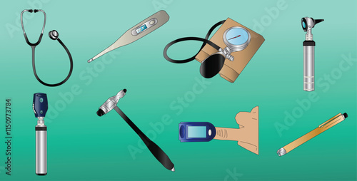 the doctor's equipment to perform general diagnosis: stethoscope, thermometer, sphygmomanometer, otoscope, ophthalmoscope, reflex hammer, pulse oximeter, penlight.
