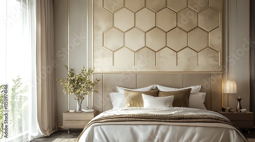 Textured wallpaper with a hexagonal pattern in muted gold and cream, creating a stylish backdrop in a luxury bedroom