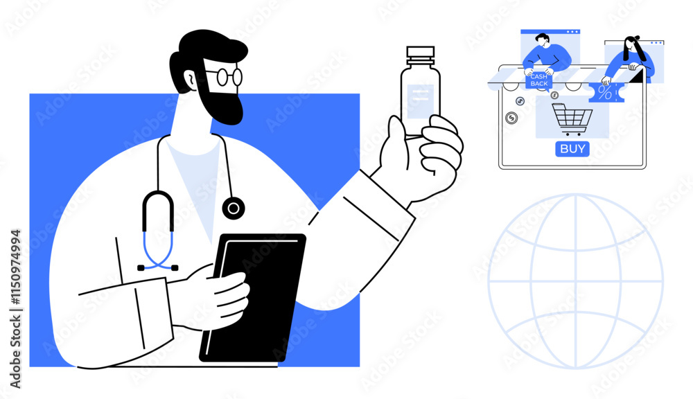 Doctor holding a prescription bottle and using a tablet. Online shopping cart for medicines. Ideal for telemedicine, online shopping, healthcare, e-commerce, digital health, medical consultations