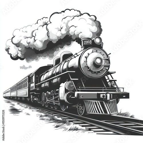 Black and white steam train illustration with smoke billowing above it.