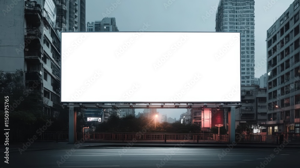 large blank billboard situated in an urban setting during twilight or evening. The billboard is elevated on a metal framework and illuminated by several spotlights mounted above it. large blank billboard situated in an urban setting during twilight or evening. The billboard is elevated on a metal framework and illuminated by several spotlights mounted above it.