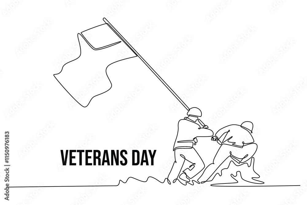 Naklejka premium Happy Veterans Day concept. Single line draw design vector graphic illustration.