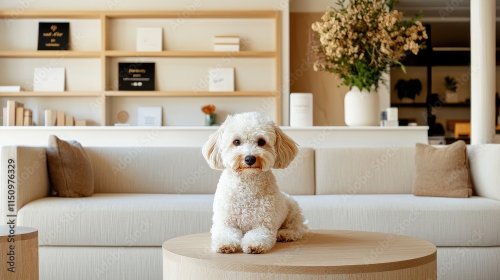 Cozy Living Room with Dog on Coffee Table Cozy Living Room with Dog on Coffee Table