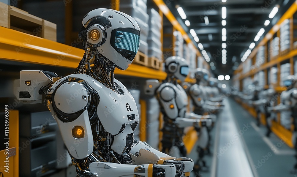 Fototapeta premium Robotic figures in a warehouse setting, showcasing automation and efficiency.
