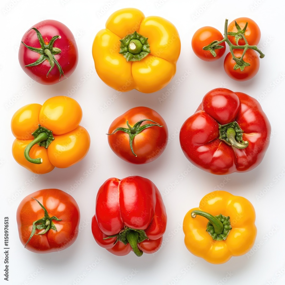 Colorful Arrangement of Fresh Tomatoes and Peppers Colorful Arrangement of Fresh Tomatoes and Peppers