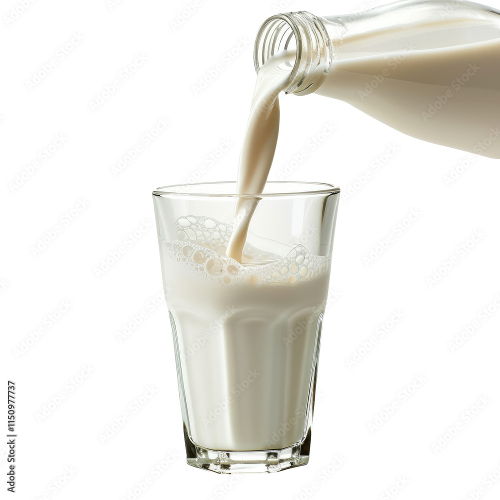 Pouring milk from bottle in a glass isolated on white background, clipping path Pouring milk from bottle in a glass isolated on white background, clipping path