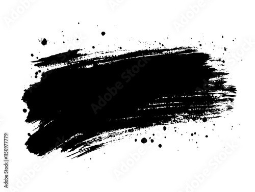 Bold Black Brushstroke Grunge Rectangle, Rough black brushstroke in a rectangular shape on white background, ideal for grunge design, abstract art, or creative layouts.

