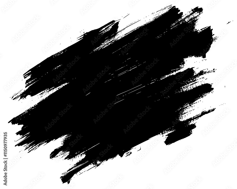 Bold Black Brushstroke Grunge Rectangle, Rough black brushstroke in a rectangular shape on white background, ideal for grunge design, abstract art, or creative layouts.

