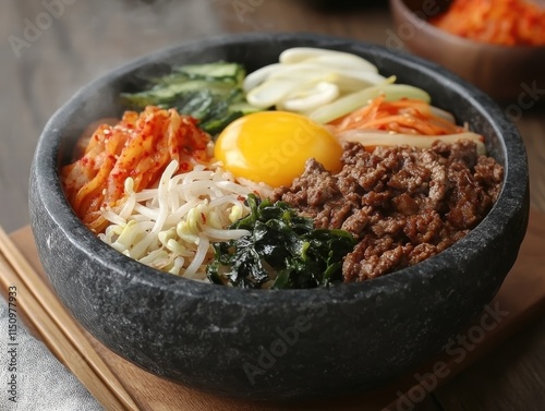 Savoring bibimbap traditional cooking korea food experience rustic kitchen close-up stone pot delight