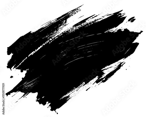 Bold Black Brushstroke Grunge Rectangle, Rough black brushstroke in a rectangular shape on white background, ideal for grunge design, abstract art, or creative layouts.

