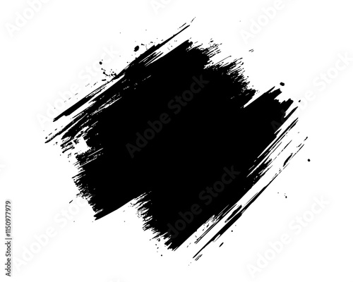 Bold Black Brushstroke Grunge Rectangle, Rough black brushstroke in a rectangular shape on white background, ideal for grunge design, abstract art, or creative layouts.

