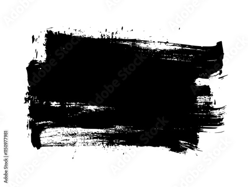 Bold Black Brushstroke Grunge Rectangle, Rough black brushstroke in a rectangular shape on white background, ideal for grunge design, abstract art, or creative layouts.

