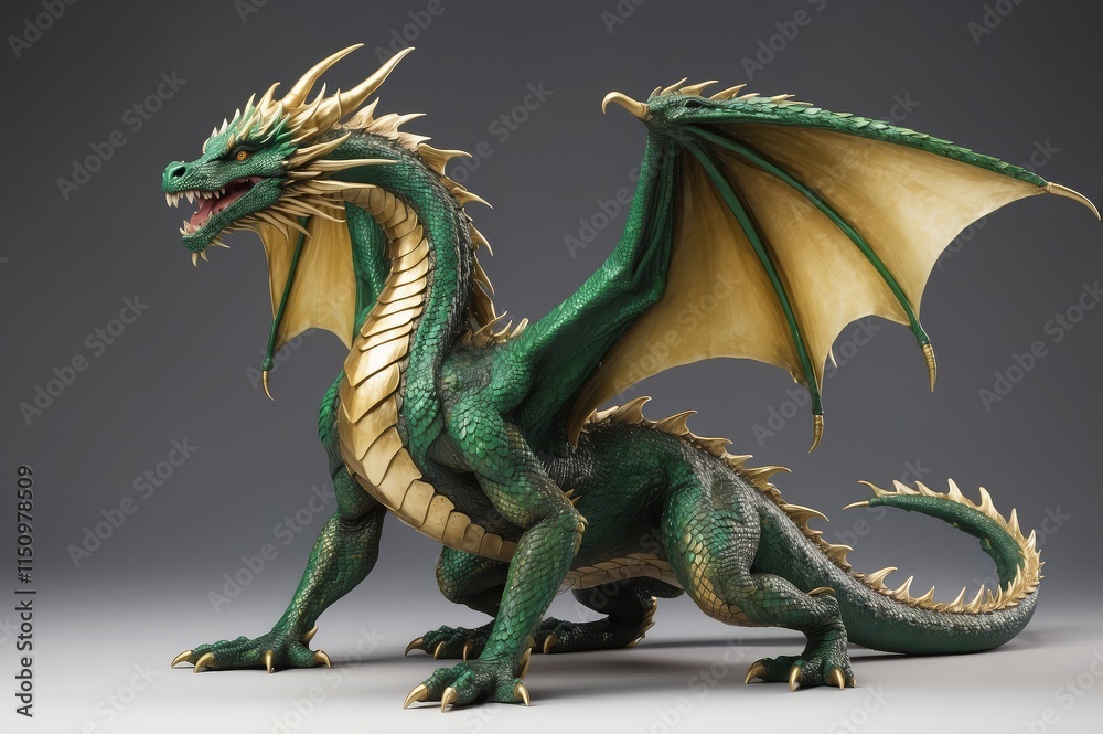 Fototapeta premium Green dragon with gold accents, wings spread, fantasy creature.
