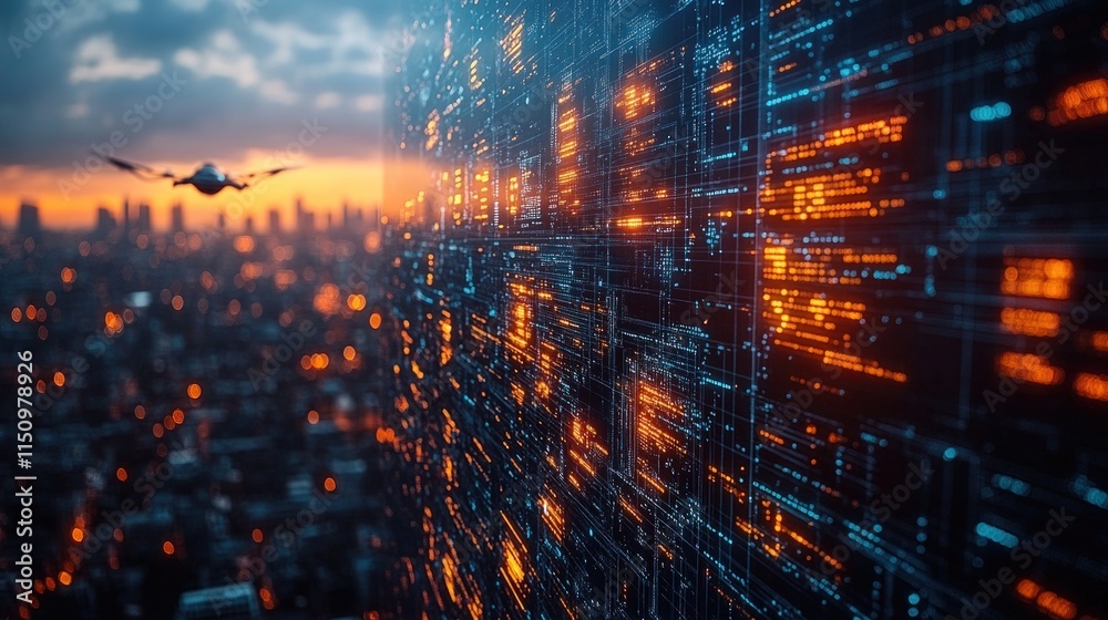 Drone, city lights, glowing digital data stream.