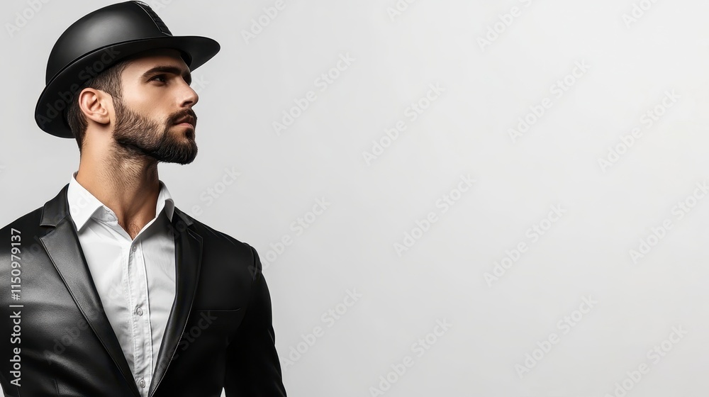 A stylish man in a black suit and hat poses confidently against a minimalist background, exuding elegance and sophistication. A stylish man in a black suit and hat poses confidently against a minimalist background, exuding elegance and sophistication.