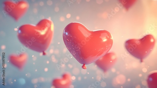 Red heart-shaped balloons float romantically in the sky, a perfect symbol of love for Valentine's Day celebrations photo