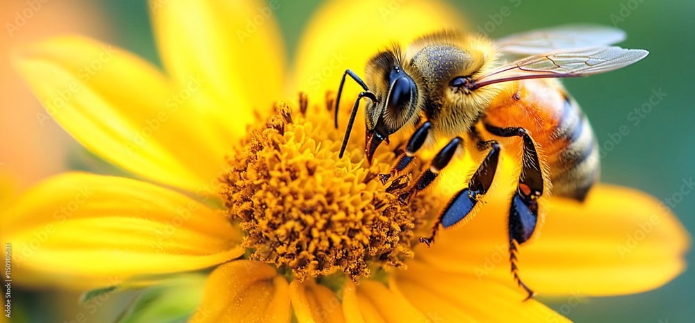 A close-up of a bee pollinating a vibrant yellow flower. A close-up of a bee pollinating a vibrant yellow flower.