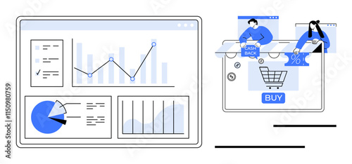 Digital dashboard displaying various charts and graphs. People interacting with online shopping interface, cash back and discounts. Ideal for e-commerce, market research, data analysis, financial