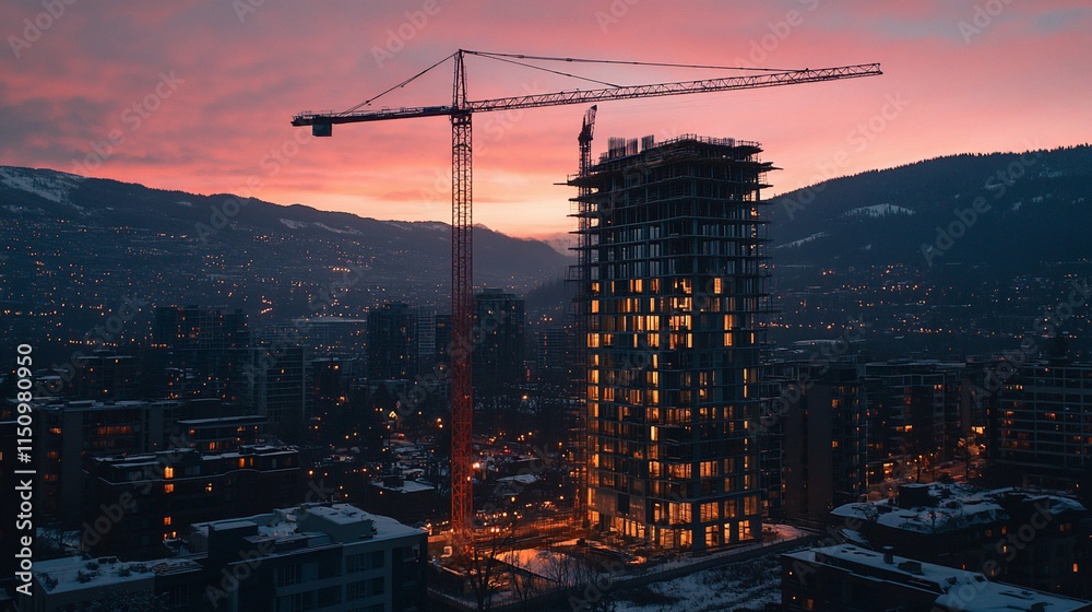 Fototapeta premium A construction site at sunset with a crane and illuminated building.