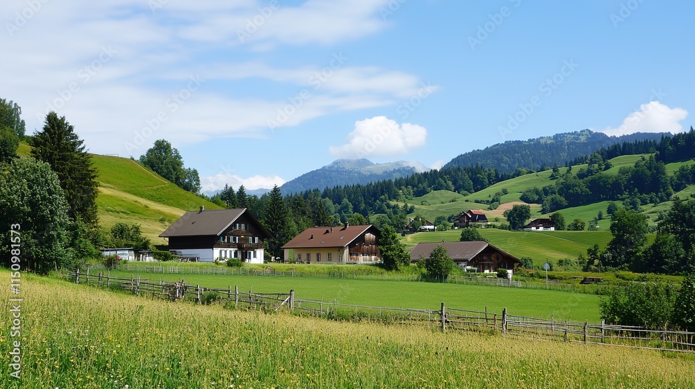 Obraz premium Beautiful Dairy Farm with a Charming House, Surrounded by Lush Green Fields and Scenic Views