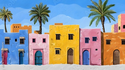 A picturesque scene of colorful, textured buildings arranged in a row.