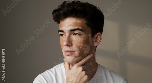 A thoughtful young man with vitiligo poses, showcasing his unique skin texture and expression.