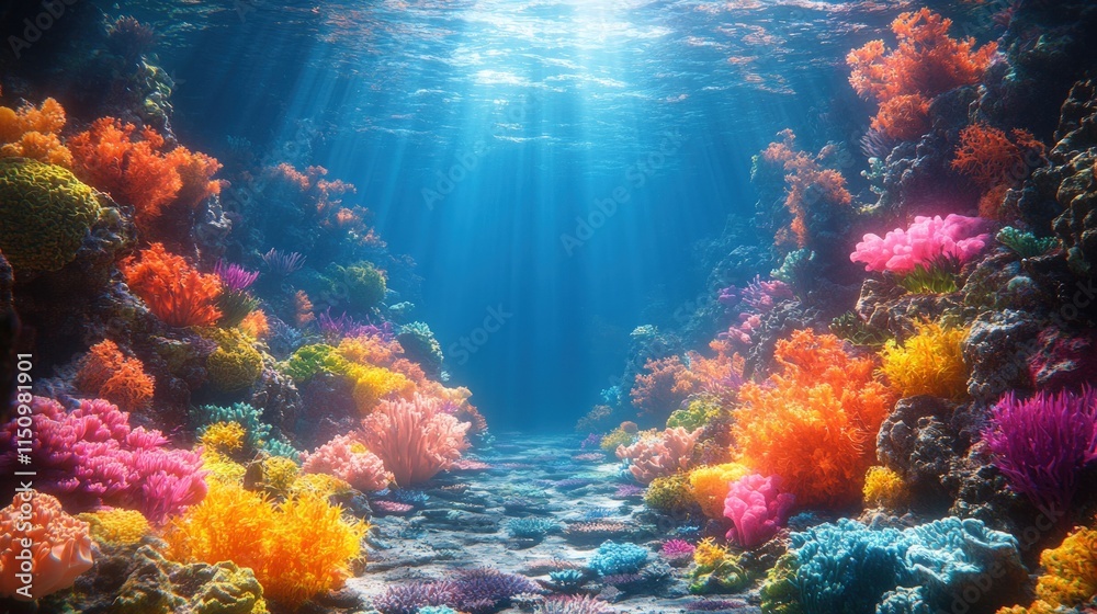 Obraz premium Vibrant coral reef, sunlit underwater scene.