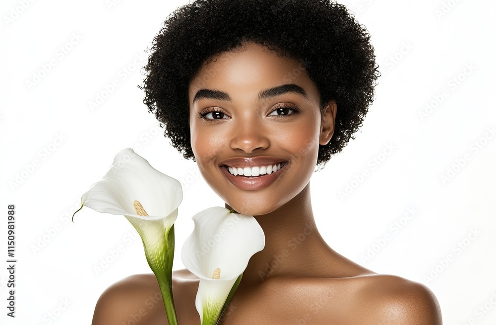 a beautiful woman holding a white calla lily in her hand, receiving a spa treatment, smiling at the camera, isolated against a pure white background. a beautiful woman holding a white calla lily in her hand, receiving a spa treatment, smiling at the camera, isolated against a pure white background.