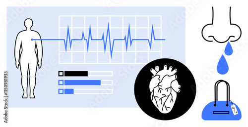 Medical concepts featuring a human heartbeat monitor, anatomical heart, nasal congestion with droplets, and checklist with bars. Ideal for health monitoring, cardiology, respiratory issues