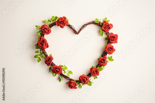 Valentine endless passion. Floral heart shape made of red roses and green leaves